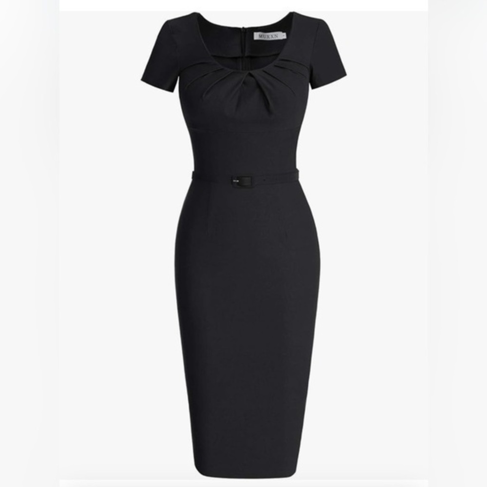 Women's 1950s Vintage Short Sleeve Pleated Pencil Dress- Medium
